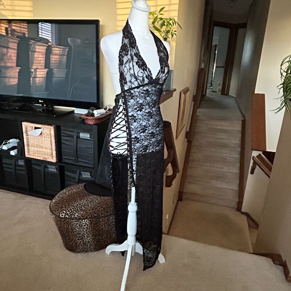 Black Sheer Lace Side Lace up Halter Dress/ Lingerie/sexy/ playful